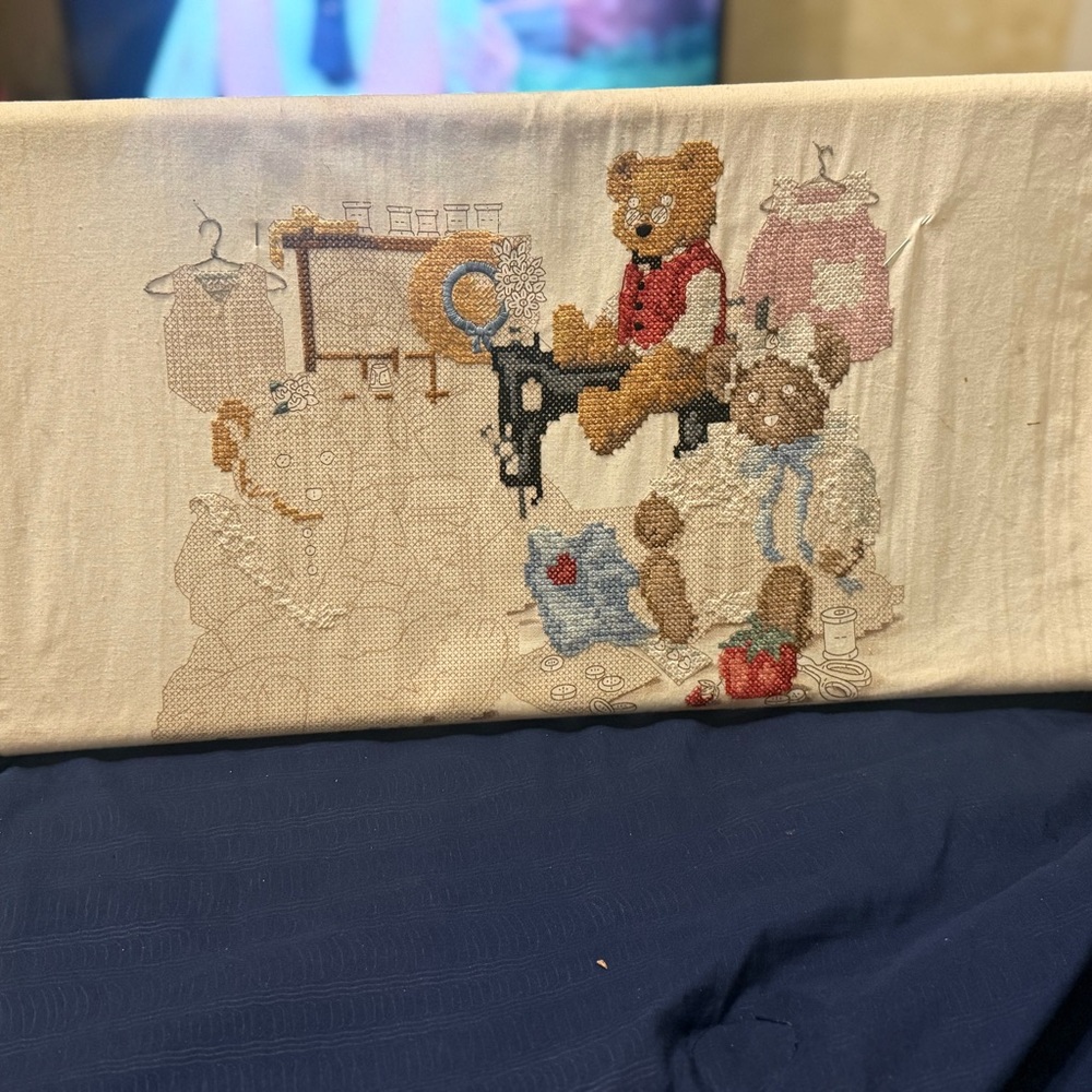 Vintage needle point on cloth, Crosstitch teddy bears on arabeska frame 19x11